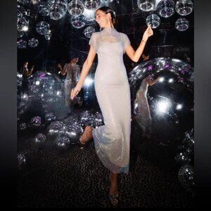 Zara Mesh Midi Gray Dress with Rhinestones Medium